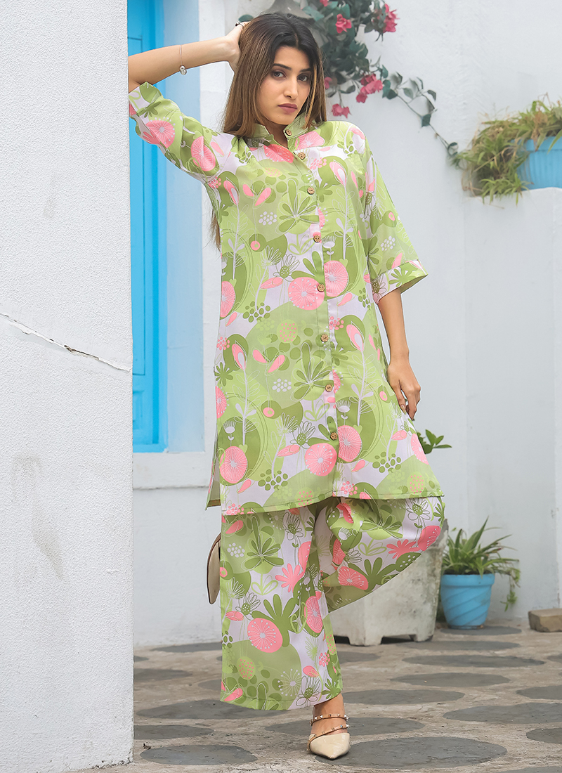 Printed pista Green Cotton Co-Ord Set
